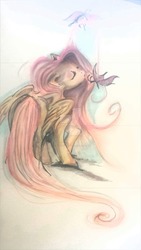 Size: 1024x1820 | Tagged: safe, artist:yurigirl4eva, fluttershy, butterfly, g4, eyes closed, female, solo, traditional art, watermark