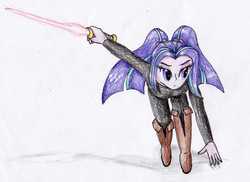 Size: 2759x2004 | Tagged: safe, artist:40kponyguy, derpibooru exclusive, aria blaze, equestria girls, g4, crossover, crouching, female, high res, lightsaber, simple background, solo, star wars, traditional art, weapon