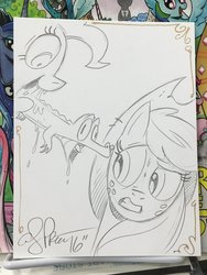 Size: 1536x2048 | Tagged: safe, artist:andy price, applejack, gummy, pinkie pie, xenomorph, g4, alien (franchise), alien 3, alien take, monochrome, parody, traditional art, wat