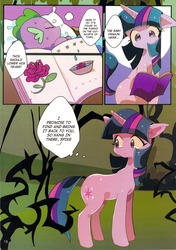 Size: 1280x1816 | Tagged: safe, artist:inoue, spike, twilight sparkle, comic:unilove, g4, book, colored, doujin, explicit source, fever, sick, sleeping, translation, unilove