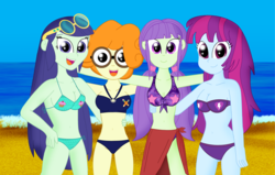 Size: 4528x2886 | Tagged: safe, artist:cyber-murph, blueberry cake, mystery mint, scribble dee, starlight, equestria girls, g4, background human, beach, belly button, bikini, breasts, cleavage, clothes, cute, female, midriff, sarong, scribblebetes, sunglasses, swimsuit
