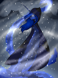 Size: 1024x1365 | Tagged: safe, artist:fuzzyfuzzball109, princess luna, spirit of hearth's warming yet to come, g4, blizzard, cloak, clothes, female, glowing eyes, snow, snowfall, solo