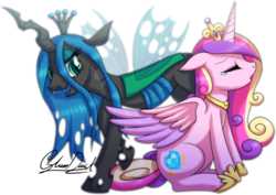 Size: 800x565 | Tagged: safe, artist:glumdusk, princess cadance, queen chrysalis, alicorn, changeling, changeling queen, pony, g4, crown, crying, cute, cutedance, duo, duo female, eyes closed, female, floppy ears, jewelry, regalia, sad, signature, simple background, sitting, transparent background