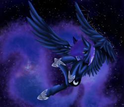 Size: 1024x886 | Tagged: safe, artist:hahvulon, princess luna, g4, female, flying, large wings, solo, stars