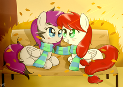 Size: 1560x1104 | Tagged: safe, artist:riouku, oc, oc only, pony, bench, clothes, duo, female, mare, scarf, shared clothing, shared scarf