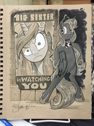 Size: 768x1024 | Tagged: safe, artist:andypriceart, princess celestia, princess luna, alicorn, pony, g4, 1984, :o, big brother, bipedal, female, frown, glare, hiding, looking at you, mare, open mouth, raised eyebrow, royal sisters, sneaking, traditional art, wide eyes