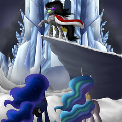 Size: 2400x2400 | Tagged: safe, artist:vanillaghosties, king sombra, princess celestia, princess luna, alicorn, pony, unicorn, fall of the crystal empire, g4, butt, crystal castle, fall of an empire, grin, high res, moonbutt, music art, plot, raised hoof, royal sisters, smiling, snow