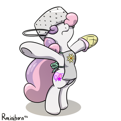 Size: 1600x1600 | Tagged: safe, artist:rainihorn, sweetie belle, pony, g4, alternate cutie mark, apron, bipedal, clothes, colander, dark souls, female, oven mitts, praise the sun, simple background, solo, white background