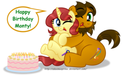 Size: 2720x1727 | Tagged: safe, artist:aleximusprime, oc, oc only, oc:alex the chubby pony, oc:eilemonty, birthday cake, cake, eilemonty, food, happy birthday, hug, open mouth, ponysona, simple background, transparent background