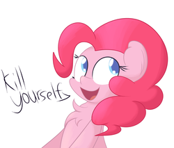 Size: 1280x1088 | Tagged: safe, artist:mr-degration, pinkie pie, g4, chest fluff, dialogue, female, kill yourself, open mouth, simple background, solo, white background