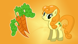 Size: 1920x1080 | Tagged: safe, artist:togekisspika35, carrot top, golden harvest, g4, carrot, cutie mark background, female, food, gradient background, solo, wallpaper
