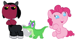 Size: 1586x817 | Tagged: safe, artist:red4567, gummy, lord tirek, pinkie pie, centaur, pony, g4, baby, baby centaur, baby pie, baby pony, baby tirek, cute, diapinkes, tail bite, tirebetes