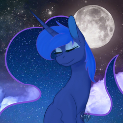 Size: 1000x1000 | Tagged: safe, artist:faeris-nights, princess luna, g4, cloud, eyes closed, female, moon, solo, stars