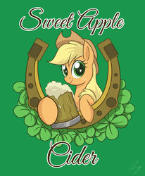 Size: 1024x1243 | Tagged: safe, artist:steffy-beff, applejack, earth pony, pony, g4, applejack's hat, cider, clover, cowboy hat, female, four leaf clover, freckles, green background, hat, horseshoes, looking at you, mare, poster, simple background, smiling, solo, stetson