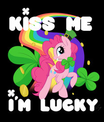 Size: 1024x1199 | Tagged: safe, artist:steffy-beff, pinkie pie, earth pony, pony, g4, bronybait, clover, coin, cute, diapinkes, female, four leaf clover, hat, holiday, mare, mouth hold, poster, profile, rainbow, saint patrick's day, solo