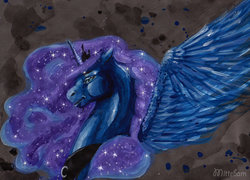 Size: 800x576 | Tagged: safe, artist:mittebam, princess luna, g4, female, portrait, solo, spread wings, traditional art