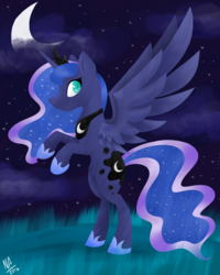 Size: 1024x1279 | Tagged: safe, artist:nyan-never, princess luna, g4, female, lineless, moon, rearing, solo, spread wings, stars
