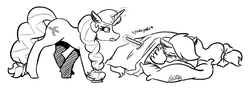 Size: 1400x500 | Tagged: safe, artist:monnarcha, oc, oc only, monochrome, pillow, poking, sketch