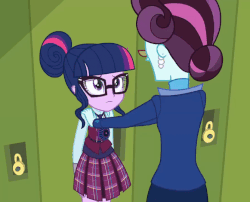 Size: 669x540 | Tagged: safe, screencap, principal abacus cinch, sci-twi, twilight sparkle, equestria girls, g4, my little pony equestria girls: friendship games, animated, eyes closed, female, frown, furrowed brow, glasses, lockers, open mouth, sad, talking, wide eyes