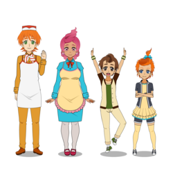 Size: 1264x1260 | Tagged: safe, artist:kathara_khan, carrot cake, cup cake, pound cake, pumpkin cake, human, g4, apron, bowtie, bracelet, cake family, cake twins, clothes, converse, dress, ear piercing, earring, group, hair bow, hat, humanized, jewelry, jumping, kisekae, mary janes, older, pants, pantyhose, piercing, shirt, shoes, shorts, simple background, skirt, sneakers, socks, thigh highs, thigh socks, white background