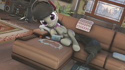 Size: 1920x1080 | Tagged: safe, artist:maxressor, octavia melody, earth pony, pony, g4, 3d, battery, cassette player, compact cassette, couch, evening, female, headphones, lying, music, on side, remote control, solo, source filmmaker, speaker, television, tree, vcr, vhs, video tape, walkman, winter