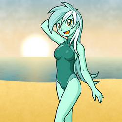 Size: 1200x1200 | Tagged: safe, artist:uotapo, edit, lyra heartstrings, equestria girls, g4, armpits, beach, clothes, colors:crowley, one-piece swimsuit, swimsuit