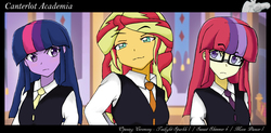 Size: 1731x855 | Tagged: safe, artist:angeltorchic, moondancer, sunset shimmer, twilight sparkle, equestria girls, g4, blazer, canterlot academia, clothes, equestria girls-ified, looking at you, magical trio, school uniform, twilight sparkle (alicorn), twilight's counterparts