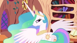 Size: 1100x618 | Tagged: safe, screencap, princess celestia, alicorn, pony, g4, lesson zero, butt, context is for the weak, ethereal mane, female, golden oaks library, mare, out of context, plot, spread wings, sunbutt, wings