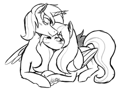 Size: 800x600 | Tagged: safe, artist:monnarcha, oc, oc only, pegasus, pony, unicorn, female, male, monochrome, prone, shipping, straight