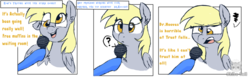 Size: 1024x315 | Tagged: safe, artist:orgin8, derpy hooves, g4, annoyed, comic, dancing with the stars, frown, hoof hold, implied doctor whooves, implied doctorderpy, microphone, offscreen character, open mouth, question mark, smiling