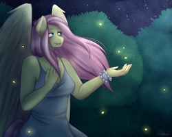 Size: 1280x1024 | Tagged: safe, artist:rainbowhitter, fluttershy, firefly (insect), anthro, g4, clothes, dress, female, night, singing, solo, stars, windswept mane