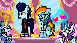 Size: 800x450 | Tagged: safe, artist:rai2n, fancypants, rainbow dash, rarity, soarin', pony, g4, clothes, dress, female, male, ship:raripants, ship:soarindash, shipping, straight, wedding dress