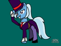 Size: 640x480 | Tagged: safe, artist:bronymeister, trixie, pony, unicorn, g4, clothes, equestrian fighters, female, hat, high heels, mare, necktie, solo, stockings, suit, top hat