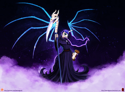 Size: 2048x1512 | Tagged: safe, artist:wwredgrave, princess luna, spirit of hearth's warming yet to come, anthro, g4, crossover, death (equine-morphic personification), discworld, ethereal mane, female, grim reaper, hourglass, patreon, patreon logo, rope, scythe, skeleton, solo, spread wings, starry mane