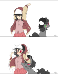 Size: 800x1031 | Tagged: safe, artist:flawlessvictory20, artist:reavz, oc, oc only, oc:blazing saddles, human, pony, 2 panel comic, blushing, clothes, comic, hat, heterochromia, human ponidox, humanized, jacket, looking at you, looking back, looking back at you, open mouth, piercing, self ponidox, shock, simple background, tickling, varsity jacket, white background