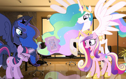 Size: 2560x1600 | Tagged: safe, artist:whynotscenery, princess cadance, princess celestia, princess luna, twilight sparkle, g4, concave belly, iphone, irl, magic, office, photo, ponies in real life, reflection, slender, telekinesis, thin, vector