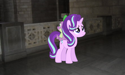 Size: 1327x801 | Tagged: safe, artist:eli-j-brony, artist:kimberlythehedgie, artist:rosaiine, spike, starlight glimmer, pony, unicorn, g4, duo, hallway, irl, photo, ponies in real life, riding, spike riding starlight glimmer, vector