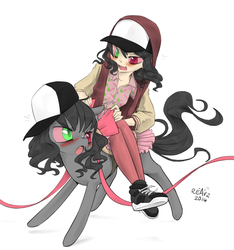 Size: 981x1047 | Tagged: safe, artist:flawlessvictory20, artist:reavz, oc, oc only, oc:blazing saddles, human, pony, blushing, clothes, duo, hat, heterochromia, human ponidox, humanized, open mouth, piercing, ribbon, riding, self ponidox, shoes, simple background, stockings, white background