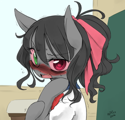 Size: 849x816 | Tagged: safe, artist:flawlessvictory20, artist:reavz, oc, oc only, oc:blazing saddles, pony, blushing, classroom, clothes, desk, embarrassed, heterochromia, looking at you, sailor uniform, schoolgirl, shy, solo