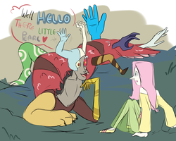 Size: 2500x2000 | Tagged: safe, artist:pikokko, discord, fluttershy, draconequus, gem (race), g4, crossover, dialogue, female, gemsona, high res, male, see-through, sketch, steven universe, the cluster