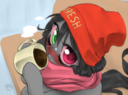 Size: 1094x812 | Tagged: safe, artist:flawlessvictory20, artist:reavz, oc, oc only, oc:blazing saddles, pony, beanie, blushing, chocolate, clothes, couch, food, hat, heterochromia, hot chocolate, living room, looking at you, looking up, looking up at you, mug, scarf, solo