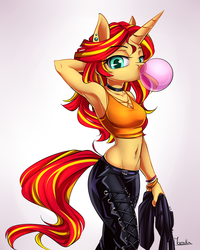 Size: 641x800 | Tagged: safe, artist:moenkin, sunset shimmer, anthro, equestria girls, g4, arm behind head, armpits, belly button, bubblegum, clothes, ear piercing, female, gum, leather jacket, leather pants, midriff, pants, piercing, sexy, signature, solo, tomboy