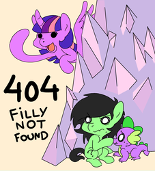 Size: 1247x1371 | Tagged: safe, artist:lockhe4rt, spike, twilight sparkle, oc, oc:filly anon, alicorn, pony, g4, /mlp/, 404, :t, female, filly, frown, hiding, http status code, open mouth, pedobear, scrunchy face, smiling, spread wings, sweat, this will end in jail time, twilight is a foal fiddler, twilight sparkle (alicorn), wide eyes