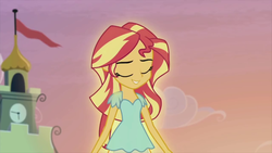 Size: 1280x720 | Tagged: safe, screencap, sunset shimmer, equestria girls, g4, my little pony equestria girls: rainbow rocks, my past is not today, beautiful, canterlot high, clock tower, cloud, eyes closed, female, flag, glowing, grin, happy, morning, smiling, solo, sunshine shimmer, tower
