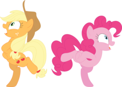 Size: 3594x2577 | Tagged: safe, artist:porygon2z, applejack, pinkie pie, earth pony, pony, applejack's "day" off, g4, animal costume, bipedal, chicken dance, chicken pie, chicken suit, chickenjack, clothes, costume, duo, high res, simple background, transparent background, vector