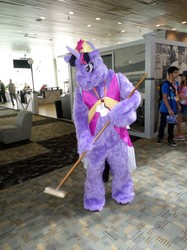 Size: 1819x2427 | Tagged: safe, twilight sparkle, alicorn, pony, bronycon 2016, g4, my little pony: friendship is magic, the saddle row review, broom, clothes, cosplay, costume, fursuit, irl, photo, sweeping, sweepsweepsweep, twilight sparkle (alicorn), twilight sweeple