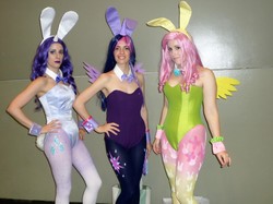 Size: 2427x1819 | Tagged: safe, fluttershy, rarity, twilight sparkle, alicorn, human, bronycon 2016, g4, armpits, bunny suit, clothes, corset, cosplay, costume, irl, irl human, leotard, pantyhose, photo, twilight sparkle (alicorn)