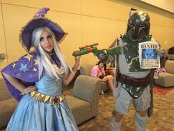 Size: 960x720 | Tagged: safe, artist:mieucosplay, artist:rj_para, trixie, human, bronycon, bronycon 2016, g4, boba fatass, boba fett, cape, clothes, cosplay, costume, hand on hip, hat, irl, irl human, photo, star wars, trixie's cape, trixie's hat