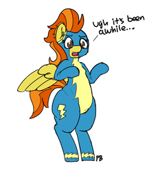 Size: 3251x3743 | Tagged: safe, artist:pabbley, stormy flare, pony, g4, 30 minute art challenge, bipedal, chubby, clothes, curvy, dialogue, high res, plump, simple background, solo, white background, wonderbolts uniform