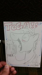 Size: 2988x5312 | Tagged: safe, artist:andy price, oc, oc only, oc:shock 'n awe, bronycon 2016, animal house, cider, clothes, commission, drinking, frat, irl, photo, toga, toga party, traditional art